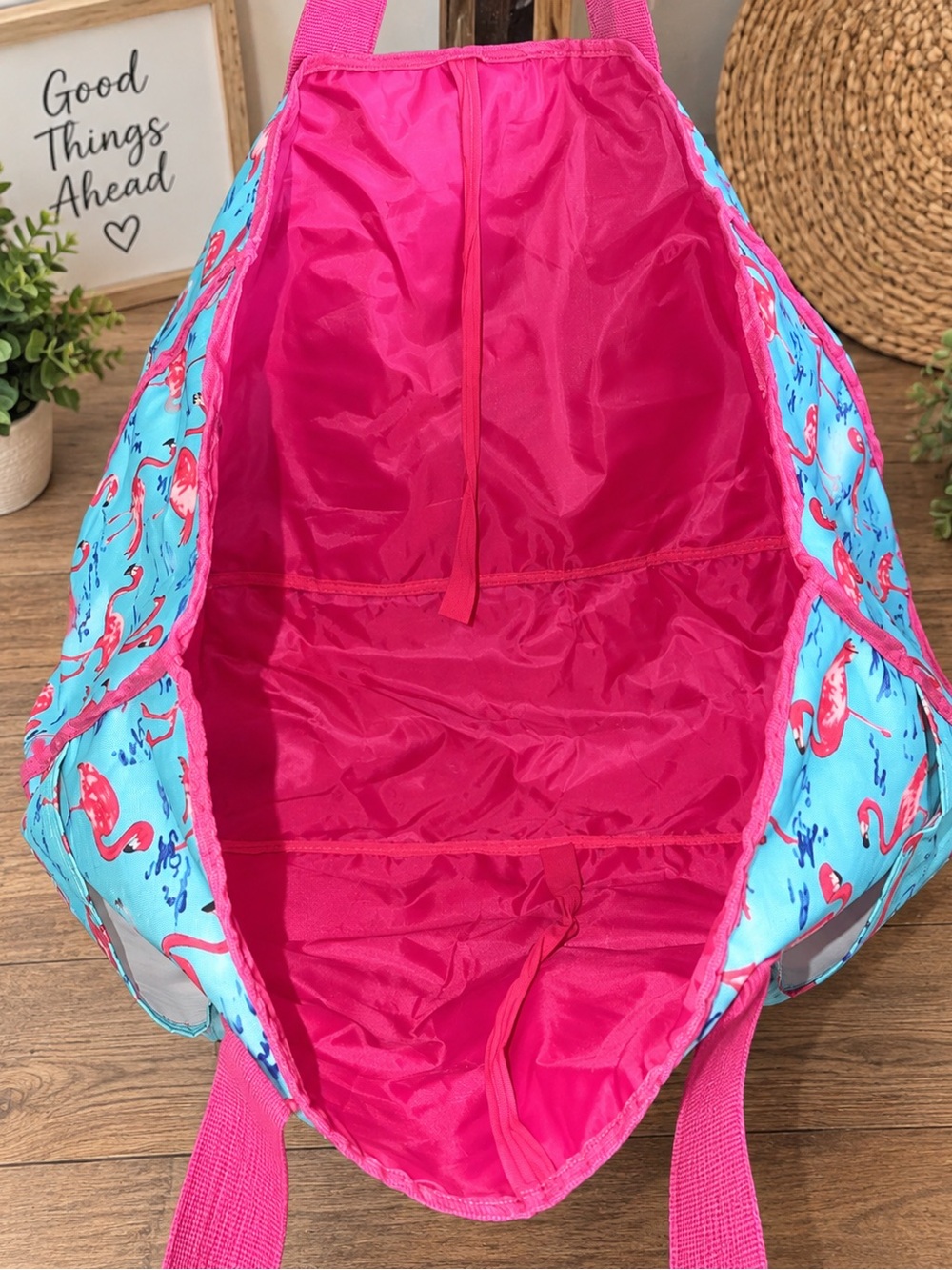 🦩 Flamingo Oversized Tote / Beach Bag – Pink & Aqua -21.5”x14” - Picture 2 of 2